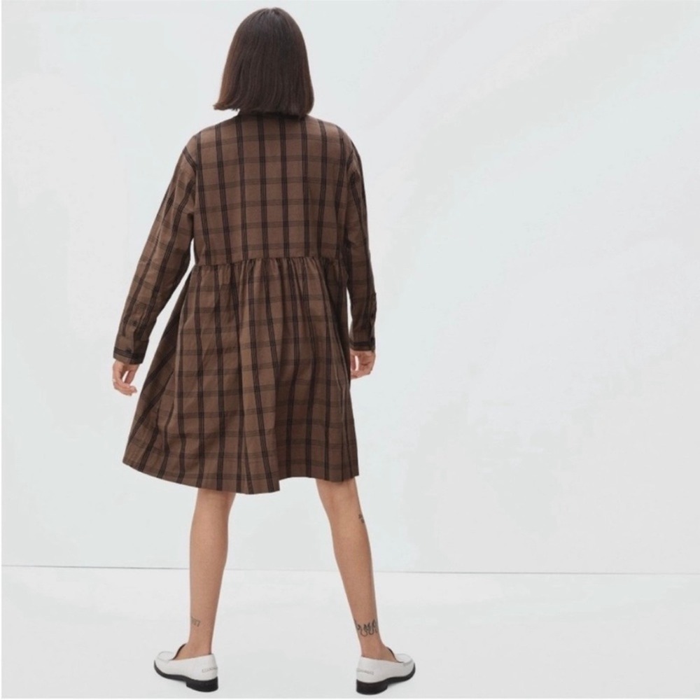 Everlane Shirt Dress Women Medium Brown Plaid Cotton Long Sleeve Babydoll Mini - Picture 3 of 16